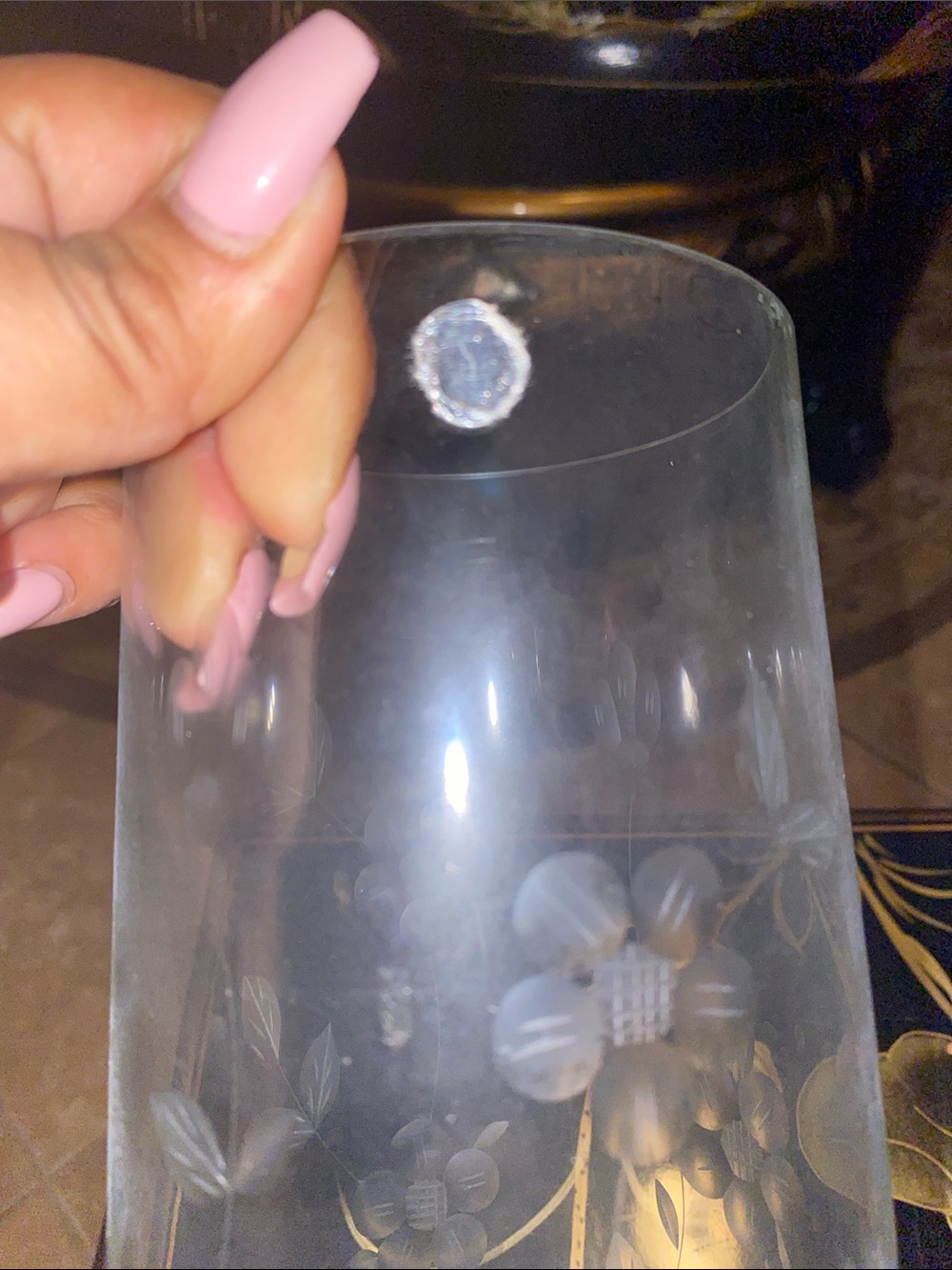 Etched Clear Glass Floral Cylinder Vase - Clear - Picture 3 of 6